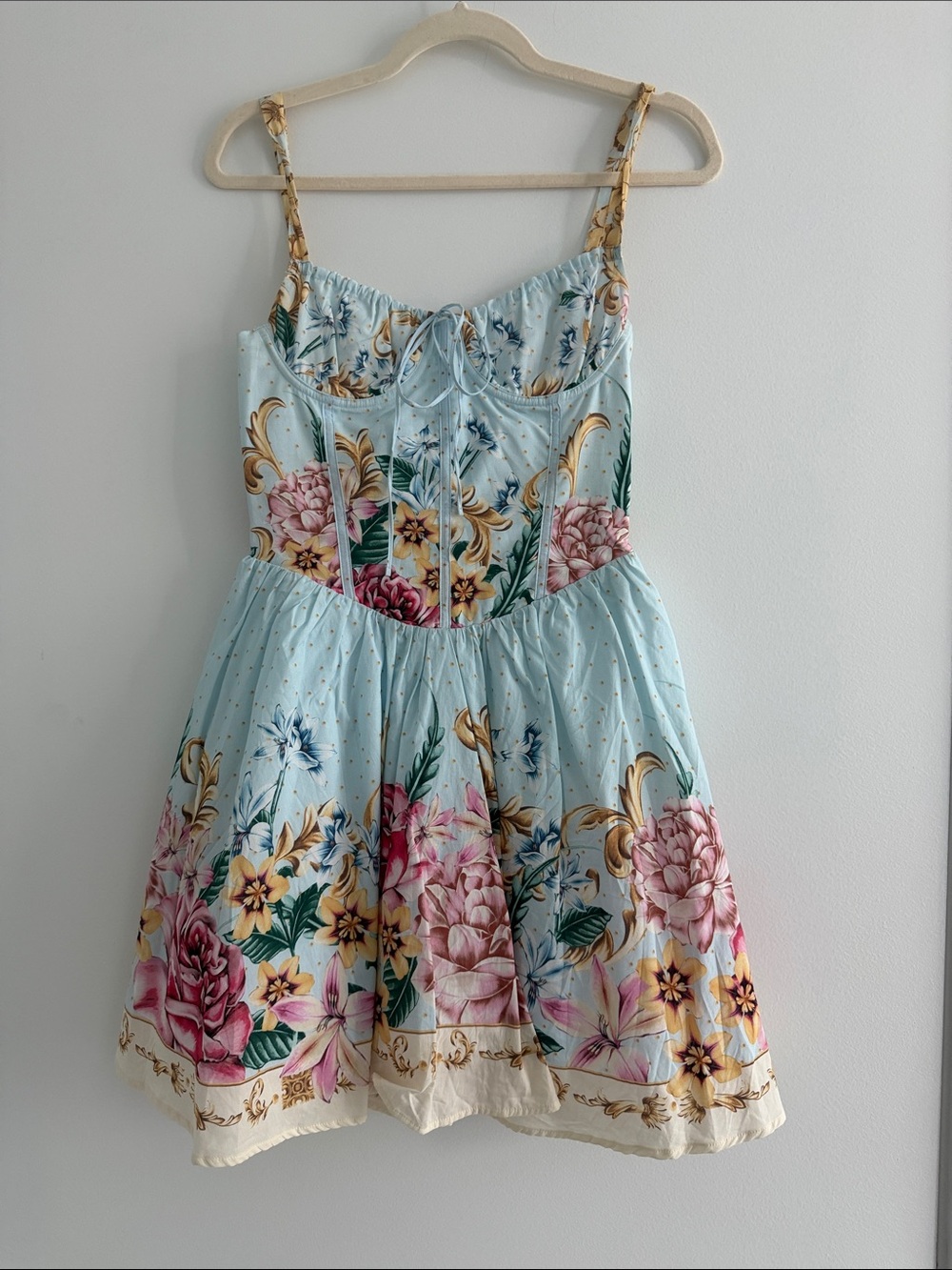 Agua Bendita Light Blue Floral Mini Dress with Gold Accents